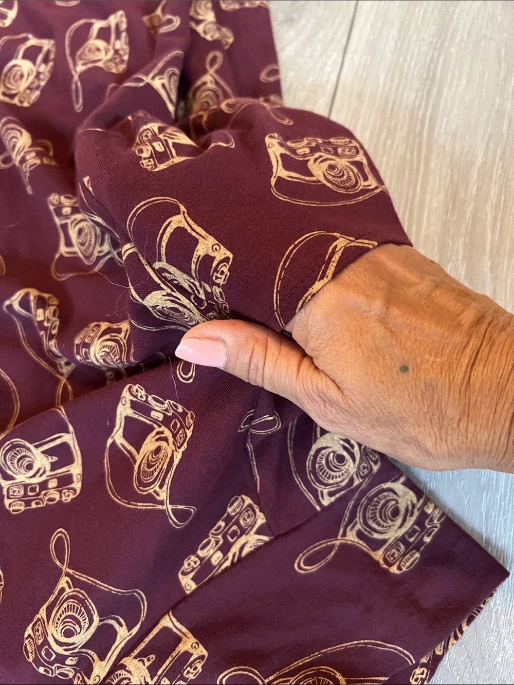 Flattering Burgundy Circle Skirt with Vintage Camera Print
